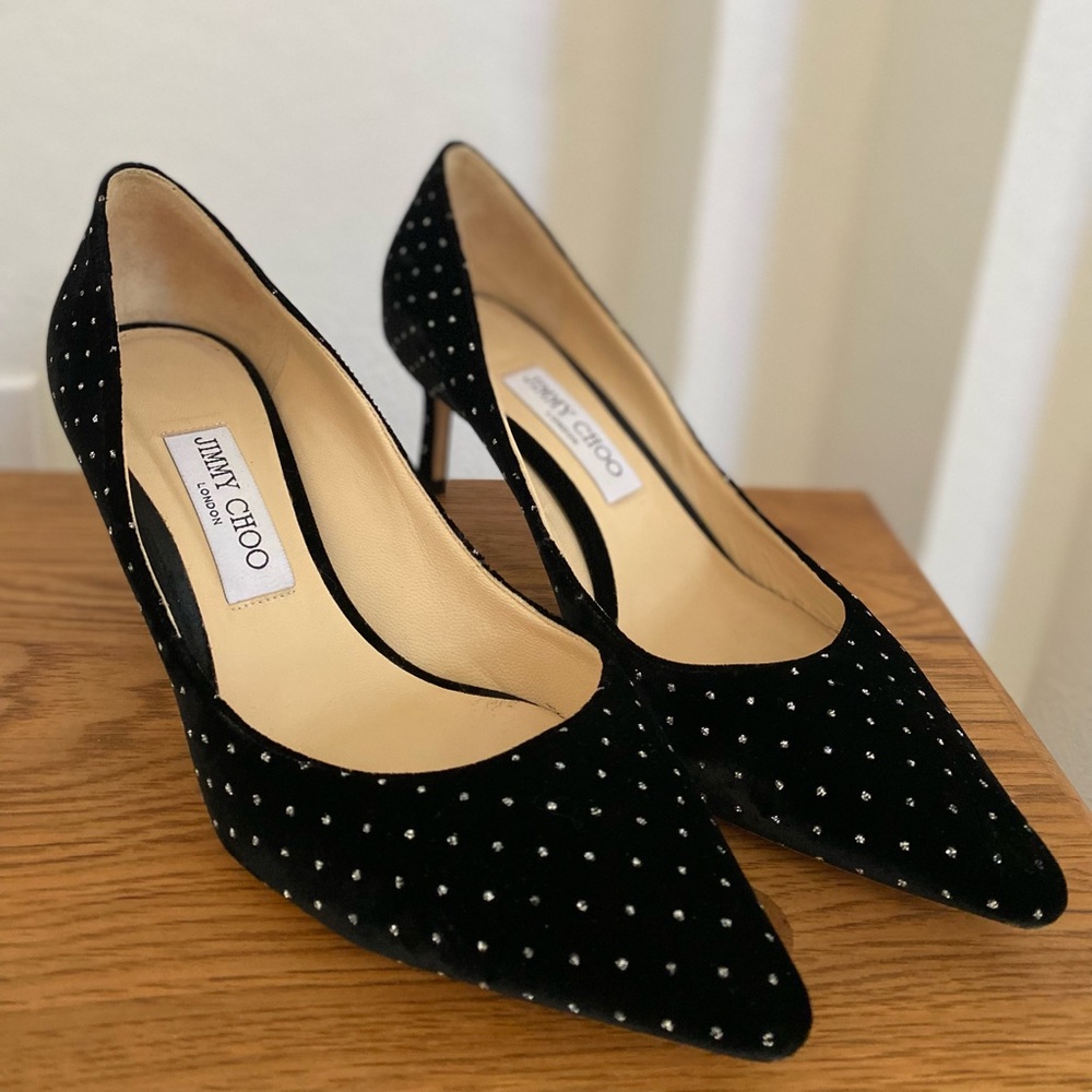 Jimmy Choo Romy Glitter Dot Velvet Pumps - size 8.5